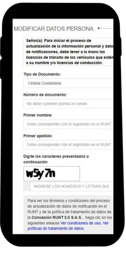 Llenar formulario para actualizar datos en el RUNT